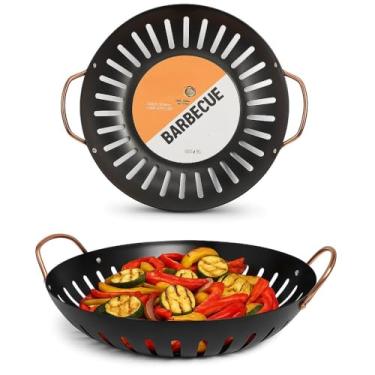 Imagem de Panela Wok Churrasqueira Grelha Redonda para Churrasco, 29cm, Aço Carbono com Revestimento Antiaderente, Alças em aluminio, Ideal para Carnes e Legumes, Uso Direto no Fogo