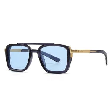 Imagem de Óculos de Sol Masculinos com Rebites e Ponte Dupla, Proteção UV400, Lentes Cinza Degradê para Esportes ao Ar Livre, Corrida e Ciclismo, Cor Azul Escuro