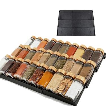Imagem de Pesilo Organizador de gaveta de especiarias, organizador de temperos de 4 camadas - pacote com 2, expansível de 30 cm a 61 cm, bandeja de temperos de cozinha, recipiente de tempero preto para armário