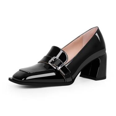Imagem de yowmns Sapato social feminino confortável com fivela e salto grosso, bico quadrado, trabalho, Preto, 36