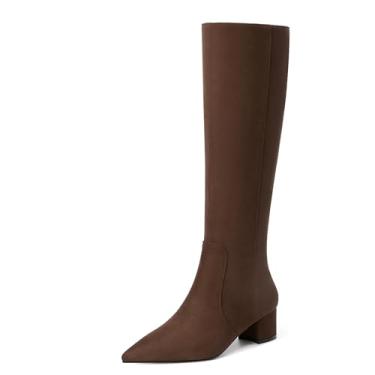 Imagem de NUMALEO Botas femininas de camurça com zíper, cor lisa, bico fino, salto baixo, cano alto, 5 cm, Marrom escuro, 41