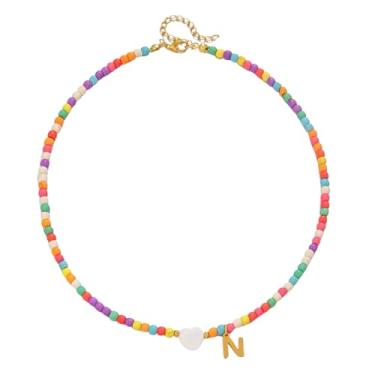 Imagem de Gargantilha feminina com contas de ouro 18 quilates - pingente de letra colorida de aço inoxidável impermeável - joia com pingente de alfabeto personalizado - Presente personalizado delicado para