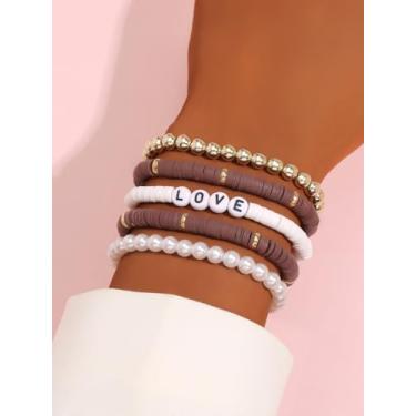 Imagem de Conjunto de 5 pulseiras elásticas com contas para mulheres e meninas, pulseiras empilháveis de contas de argila com letras LOVE e pérolas, joias de amizade de verão em camadas marrom branco boho