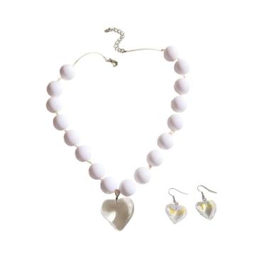 Imagem de HWJQ Conjunto de colar e brincos de coração grosso colar de resina com contas de coração de cristal amarelo brincos pendentes para mulheres joias de declaração, Middle, Resina, Sem Pedra Preciosa