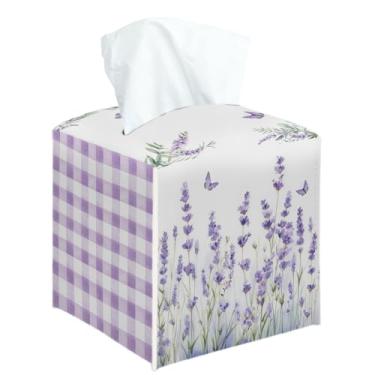Imagem de Capa quadrada de caixa de lenços de lavanda e borboleta, suporte de caixa de lenços decorativo para quarto, banheiro, cozinha, escritório, bancada, organizador de papel facial de couro -27