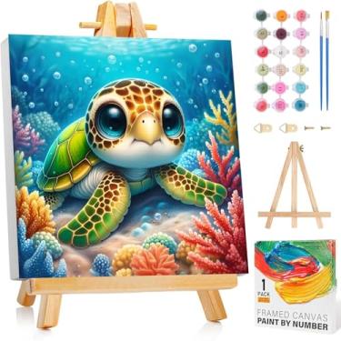 Imagem de Arttoplus Kit de pintura de tartaruga por números para crianças com moldura, pintura infantil fofa por números de 8 a 12 anos com cavalete de madeira, pintura a óleo de animais DIY fácil por número