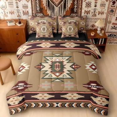 Imagem de Erosebridal Conjunto de edredom solteiro ocidental com lençol | Conjunto de cama geométrico de 7 peças, casa de fazenda, asteca, listras, diamante, triângulo, marrom, marrom