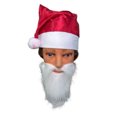 Imagem de Kit 2 Fantasias Barba falsa branca pelucia + 2 Gorro noel