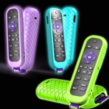 Imagem de Pacote com 3 capas para controle remoto Roku compatível com Hisense e TCL TV Stick, capa de silicone azul verde roxo