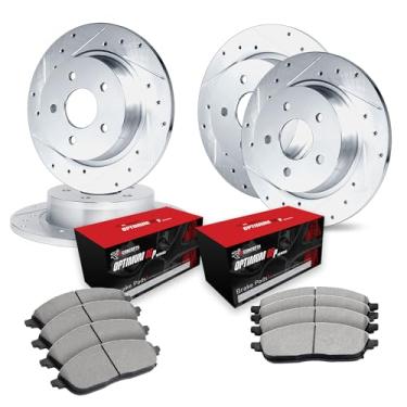 Imagem de R1 Concepts Conjunto de rotor de freio a disco prateado perfurado e ranhurado com pastilhas Oe Optimum dianteiro e traseiro 1975-1976 Mercedes-Benz 230