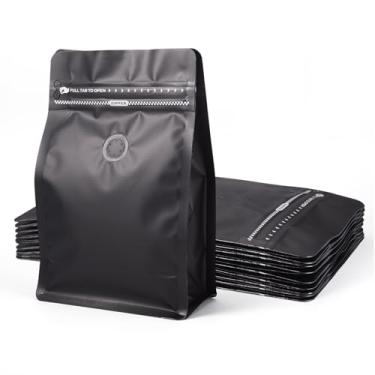 Imagem de Handship Sacos de café com válvula (10 peças, 227 g, 0,2 kg) sacos pretos resseláveis de fundo plano em forma de grãos de café, bolsa de armazenamento de plástico com zíper para suprimentos de