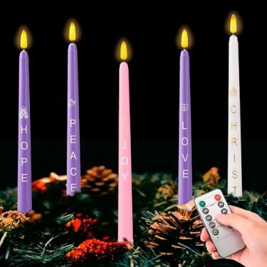 Imagem de SRCVYLT Conjunto de 5 velas do advento sem chama, 28 cm, velas natalinas do advento operadas por bateria com controle remoto, velas de LED cintilantes sem chama para decoração de guirlanda de Natal