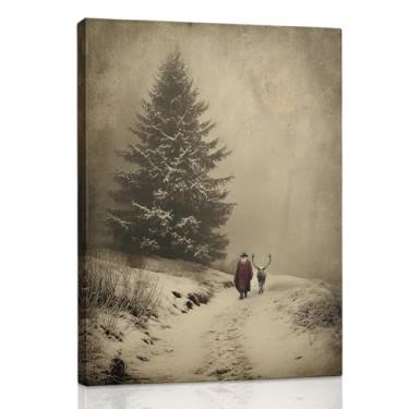 Imagem de RLTXBUK Decoração de parede vintage de Natal com rena de Papai Noel, cenário de inverno, arte de parede, Moody Dark Academia, inverno, abeto, paisagem, pôsteres para casa, quarto, sala de estar, 28 x