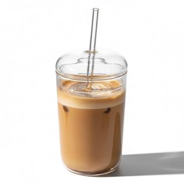 Imagem de Copos de vidro com tampa e canudo - Copos estéticos transparentes Boba Cup - Garrafas de água de vidro reutilizável com tampa e canudo para suco de chá com bolhas de café gelado