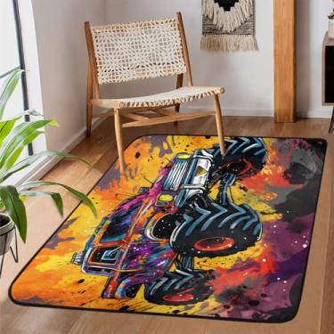 Imagem de Tapete de área para sala de estar, lavável à máquina, caminhão monstro, fogo, antiderrapante, tapete macio, para sala de estar, quarto, sala de jantar, berçário, cozinha, decoração de casa