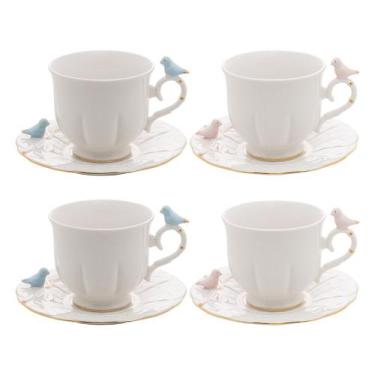 Imagem de Conjunto de 4 Xícaras de Chá com Pires Birds de Porcelana 200ml - Wolf