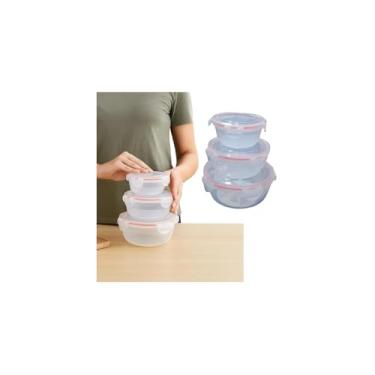 Imagem de Conjunto 3 Potes Herméticos Redondos Multiuso com Tampa, Plástico Transparente com Detalhe Rosa, 320ml/580ml/1000ml, Empilháveis, Livre de BPA