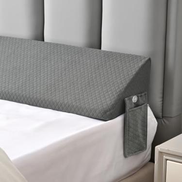 Imagem de Almofada de cama completa para cabeceira e colchão, almofadas de canto com borda triangular longa para dormir 25 x 152 cm bolsos cinza de espuma densa, evita quedas de brinquedos, acessórios de cama