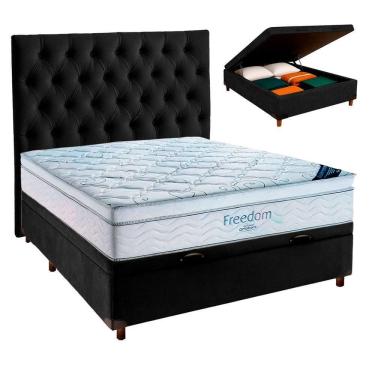 Imagem de Cama Box Baú Preto + Colchão Casal Freedom Ortobom E Cabeceira