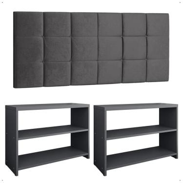 Imagem de Kit Sapateira Compacta Assento Banquinho Quarto Cinza Cabeceira Cama Box King Size 1,95 Suede - Lojas RPM