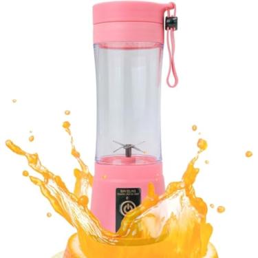 Imagem de Liquidificador Portátil Recarregável USB, Rosa, com Lâminas de Aço Inoxidável, Garrafa Transparente com Alça