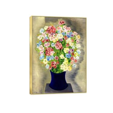 Imagem de Pintura de arte de parede de flores - imagem de decoração vintage - buquê em vaso azul - impressões em tela moldura dourada para sala de estar 50 x 70 cm 20 x 27 pol