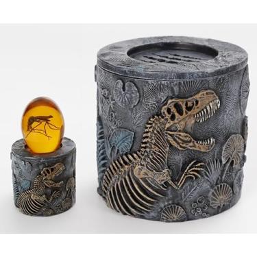 Imagem de VEOJEIN Jarra de dinossauro jurássico com tampa, peso de papel, armazenamento de resina fóssil, recipiente pré-histórico para mesa, banheiro, parque, cozinha ou colecionadores, presente exclusivo para