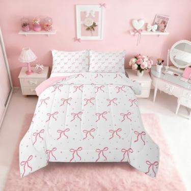 Imagem de Erosebridal Conjunto de cama solteiro com laço rosa e laço feminino, para quarto de crianças, adolescentes, mulheres, edredom de princesa, galáxia e estrelas, 1 fronha