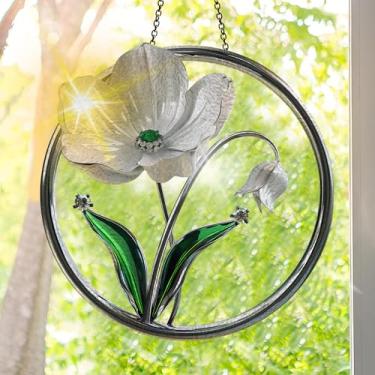 Imagem de Suncatcher acrílico colorido, decoração de janela suspensa de flores com design de vitral impresso, apanhador de sol, arte de parede de criador de arco-íris, ornamentos de Natal para uso interno e