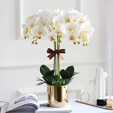 Imagem de LMJYU Presentes de flores artificiais Phalaenopsis com 7 cabeças, flores de orquídeas artificiais com vaso dourado, decoração de centro de mesa de casa para festa de casamento