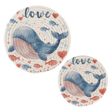 Imagem de Wassud Lindo conjunto de trivet de baleia de desenho animado para pratos quentes, suportes redondos de algodão, almofadas quentes, porta-copos elegantes, decoração de cozinha e acessórios, 2 peças