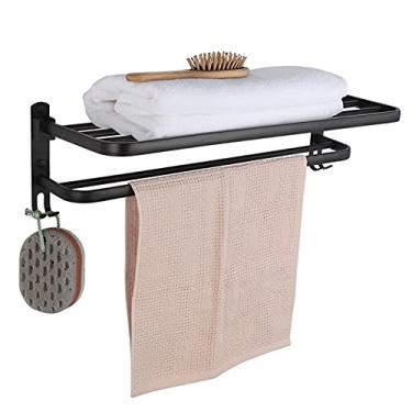 Imagem de Toalheiro de banho de hotel de banheiro com barra de toalha dupla 60 cm prateleira de montagem na parede alumínio à prova de ferrugem acabamento preto moderno com dois ganchos