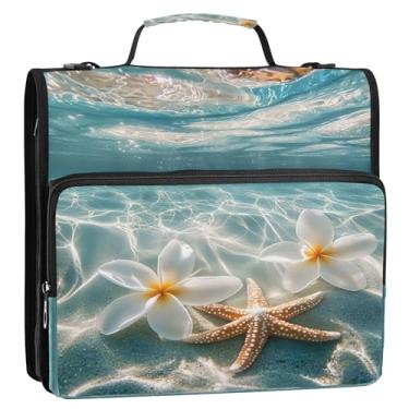 Imagem de CEBUGI Fichário de 3 anéis com zíper com alça de ombro, pasta de arquivo expansível de 3,8 cm, anéis D, estrela-do-mar e flores brancas de plumeria