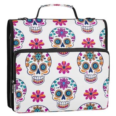 Imagem de Wassud Fichário fofo de caveira de açúcar com 3 anéis com alça de ombro e alça de vários bolsos, organizador de pastas expansíveis