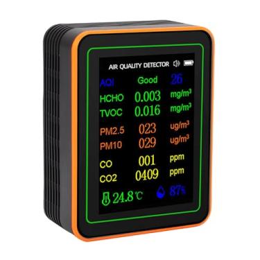 Imagem de Hyuduo Detector de Qualidade do Ar Com Display Colorido, Monitor de Ar Interno 7 Em 1 para CO2 TVOC HCHO PM2.5 PM10 Umidade de Temperatura, Testador ABS Portátil para Armazém de Estufa de Escritório