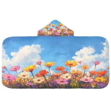 Imagem de Burbuja Toalha de banho com capuz de flores silvestres vibrantes para crianças, toalha de praia de pelúcia macia absorvente para meninas e meninos 3-10 anos, 61 x 127 cm