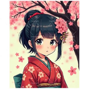 Imagem de Kit de pintura de anime por números para adultos – DIY Girl in Kimono com pintura de flores de cerejeira em tela, 20 x 30 cm, conjunto de tinta acrílica emoldurada para iniciantes, arte de parede