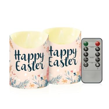 Imagem de Wassud Pacote com 2 velas sem chama Happy Easter com controle remoto, velas realistas cintilantes com temporizador, velas decorativas para Natal, casamento, festa, decoração de casa pequena