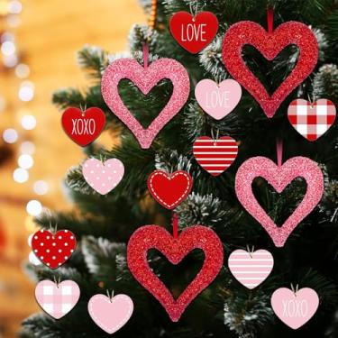 Imagem de 16 peças de enfeites de coração de dia dos namorados com glitter em forma de coração enfeite para pendurar inclui 12 corações, ornamentos de placa de madeira, 4 enfeites de espuma para decoração de