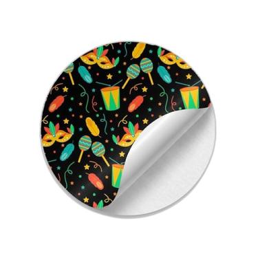 Imagem de Kit 25 Unidades Adesivos Redondos Ano Novo Carnaval Brasileiro Máscaras e Maracas - Tamanho 50x50cm