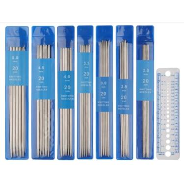 Imagem de Conjunto de 35 agulhas de tricô de ponta dupla, agulhas de tricô de aço inoxidável com régua de medida, 7 tamanhos DPN de 2 mm a 5 mm para projetos de tecelagem de meias para iniciantes