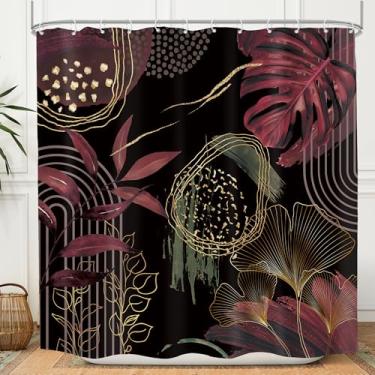 Imagem de Mitpok Cortina de chuveiro Boho Borgonha preta 72Lx72H Meados do Século Moderna Abstrata Minimalista Geométrica Tropical Folhas de Palmeira Decoração de Banheiro Arco Dourado Tecido Poliéster Pacote