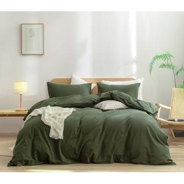 Imagem de BESTOUCH Conjunto de capa de edredom 100% algodão lavado e linho, super macio, confortável, chique, leve, 3 peças, conjunto de cama para casa verde oliva sólido Alaska King