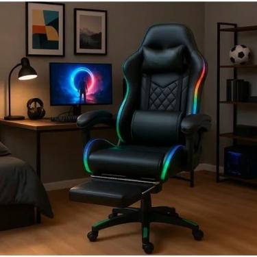Imagem de Cadeira Gamer LED RGB Reclinável com Apoio para Pés Almofadas Lombar e Cervical Confortável