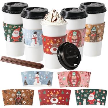 Imagem de Fit Meal Prep Pacote com 50 xícaras de café descartáveis de Natal de 590 ml com tampas e mangas, copos de papel espessos duráveis para bebidas quentes, chocolate, chá, cacau para crianças, festas,