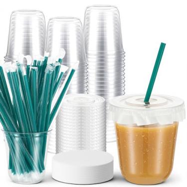 Imagem de Ziliny 50 conjuntos de copos de plástico transparente com tampas, canudos e forros de tampa de papel, copos de café gelado descartáveis para bebidas frias, suco, smoothie, cafeterias, festa, Natal