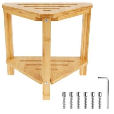 Imagem de Banco de chuveiro de bambu com prateleira de armazenamento, assento de banco de banheiro com fundo antiderrapante para idosos e banco de troca de sapato duplo de barbear para espaços pequenos