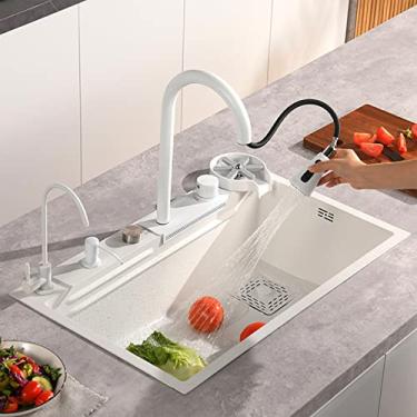 Imagem de Pia de cozinha de aço inoxidável Nano Raindance Cachoeira, pia de cascata de chuva voadora, lavatório de lava-louças única com torneira de puxar, lavador de copos, tábua de cortar