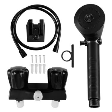 Imagem de Kit de torneira de chuveiro RV com chuveiro e mangueira de mão Kits de chuveiro externo On-Off RV 10 cm Resistente a vazamentos e ferrugem para trailers e trailers de viagem Motorhome (preto)
