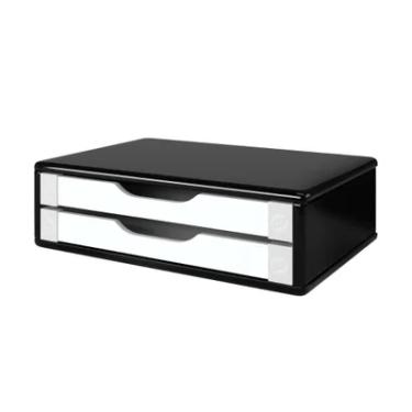 Imagem de Suporte De Mesa Para Monitor Souza Office, 2 Gavetas, Mdf, Black Piano C/ Gavetas Brancas - 3348